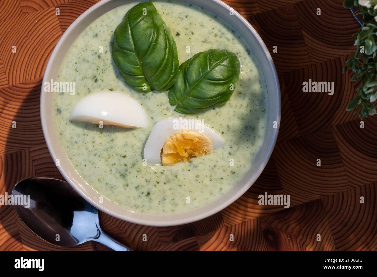 Helsinki / Finlande - 10 OCTOBRE 2021 : cuisine finlandaise traditionnelle ; gros plan d'une assiette de soupe aux épinards avec œufs durs et garniture au basilic Banque D'Images