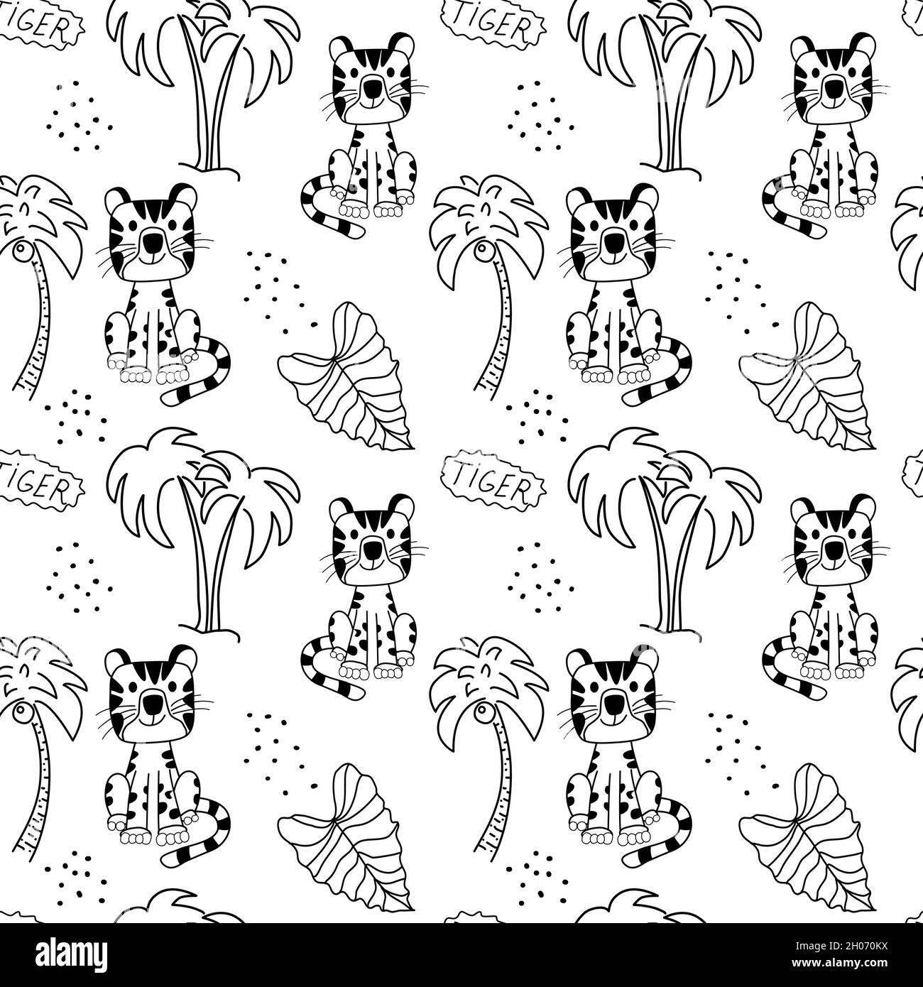 Vectorisation fluide motif noir et blanc simple.Un joli tigre et des palmiers dessinés dans le style des caniche. Illustration de Vecteur