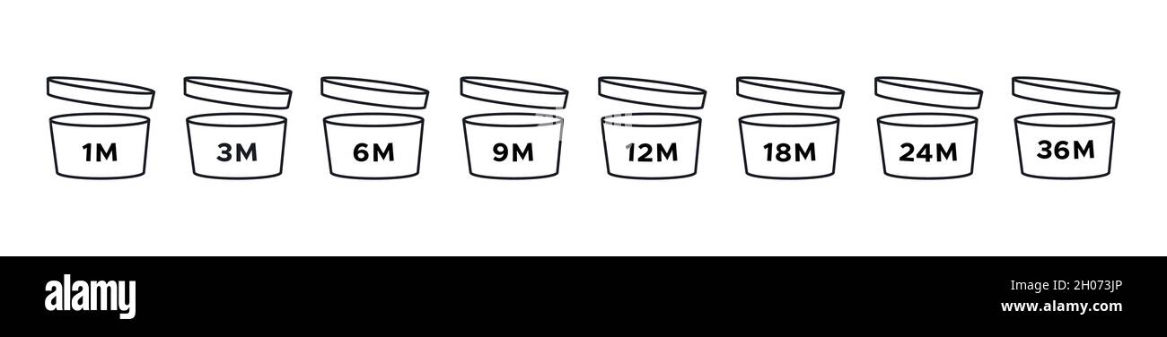 Définir la période après l'ouverture de l'icône de représentation dans le style simple. Symboles PAO - expiration du temps d'utilisation des crèmes et des cosmétiques après l'ouverture de l'emballage Illustration de Vecteur