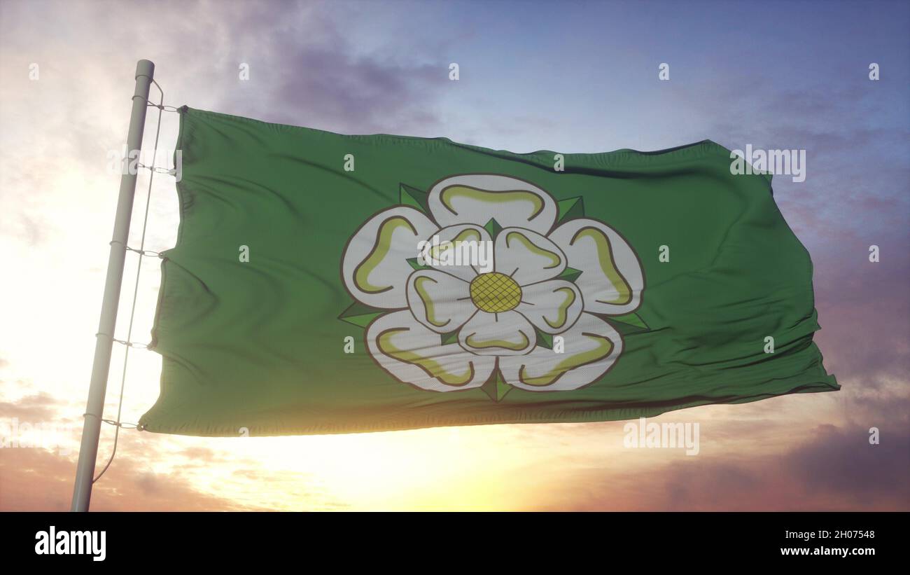 Drapeau du Yorkshire du Nord, Angleterre, agitant dans le vent, le ciel et le soleil fond.3d rendu Banque D'Images