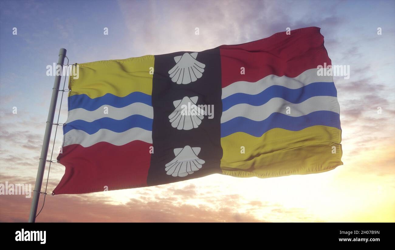 Drapeau de Bedfordshire, Angleterre, agitant dans le vent, le ciel et le soleil fond.3d rendu Banque D'Images