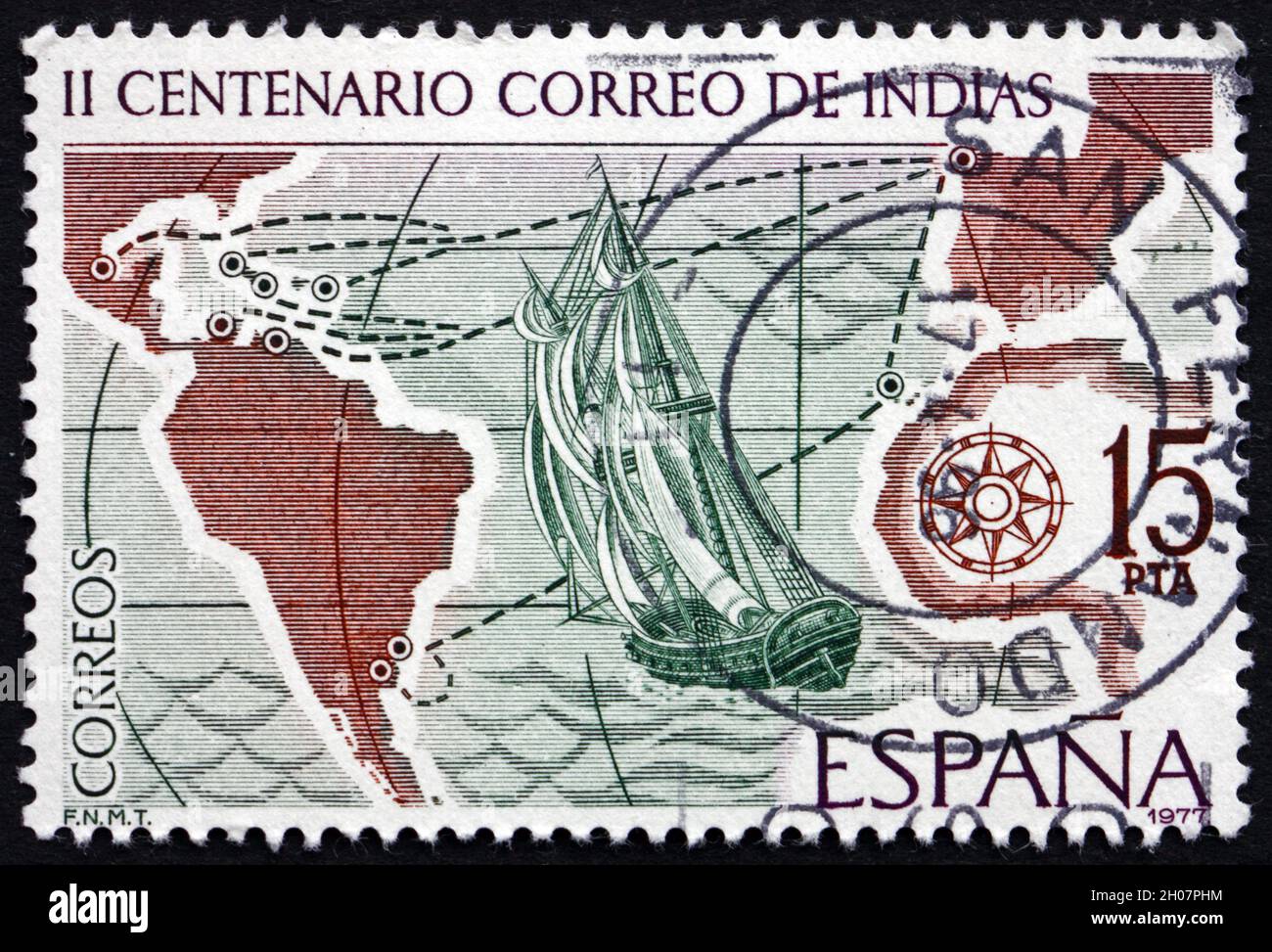 ESPAGNE - VERS 1977 : un timbre imprimé en Espagne montre les itinéraires de navigation à la voile et par la poste, XVIIIe siècle, vers 1977 Banque D'Images