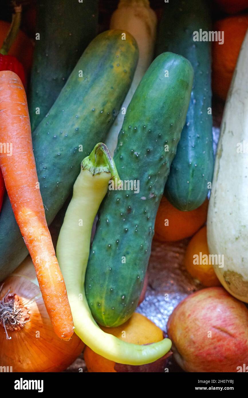 Gros concombres et légumes assortis dans le panier Banque D'Images