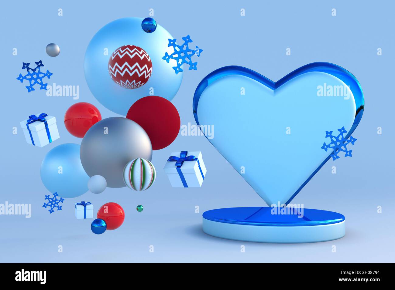 Podium abstrait rouge bleu festif en forme de coeur 3D avec flocons de neige et cadeaux de Noël.Maquette d'hiver créative pour les fêtes du nouvel an, les promotions, les fêtes et les vacances Banque D'Images