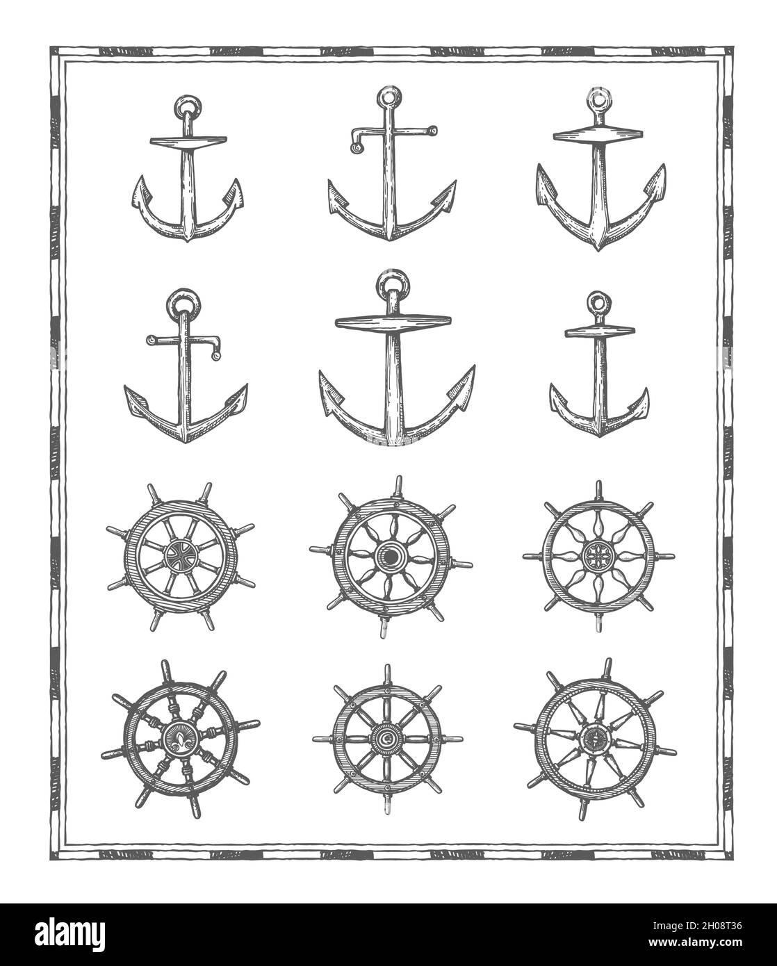 Ancres et esquisses de gouvernail.Éléments de carte anciens et vintage.Voile marin, aventure nautique et histoire navale icônes vectorielles dessinées à la main avec amirauté Illustration de Vecteur