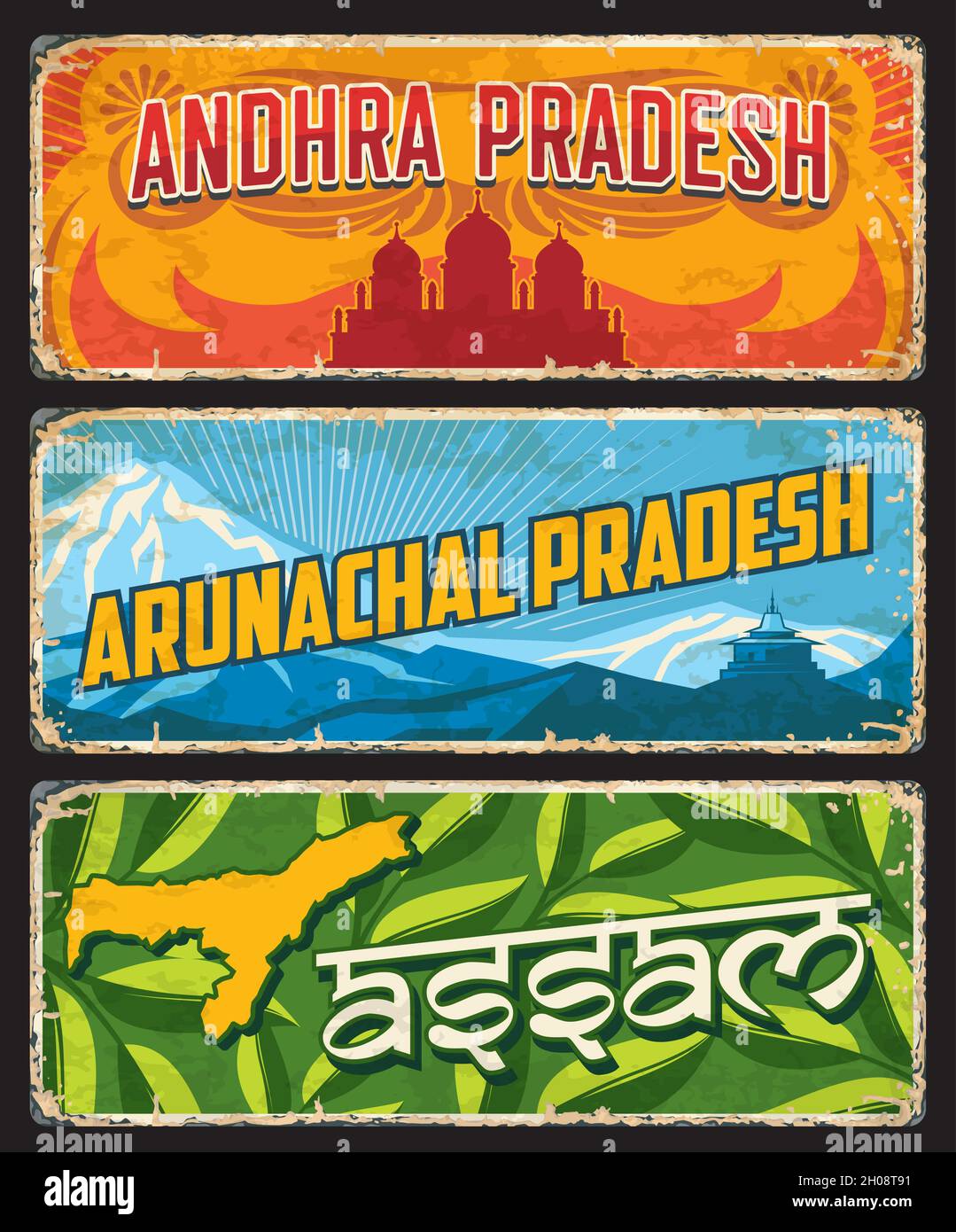 Les États ou régions de l'Assam, de l'Andhra et de l'Arunachal Pradesh, en Inde, sont des vecteurs de signes d'étain.Plaques de métal des États indiens ou panneaux d'accueil de la ville avec le point de repère de la région Illustration de Vecteur