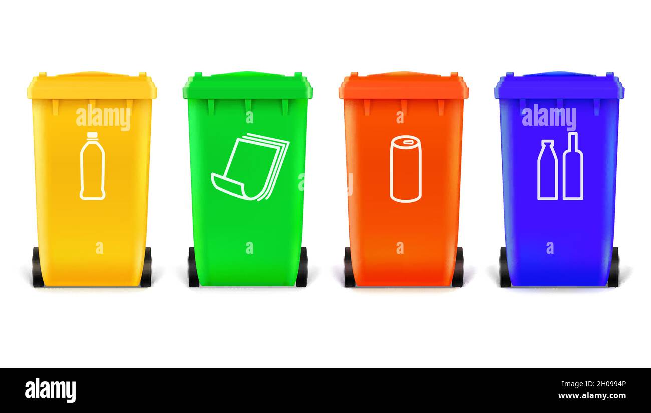 Ensemble d'icônes poubelles isolées sur blanc.Symbole de déchets à l'avant des bacs. Illustration de Vecteur