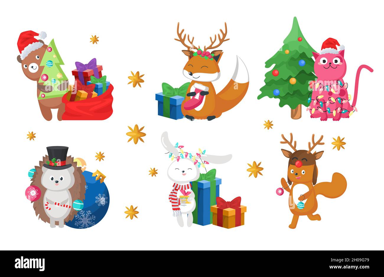 Animaux heureux, personnages de dessin animé mignons avec décorations de Noël pour carte de voeux, autocollant, imprimé, illustration vectorielle Illustration de Vecteur