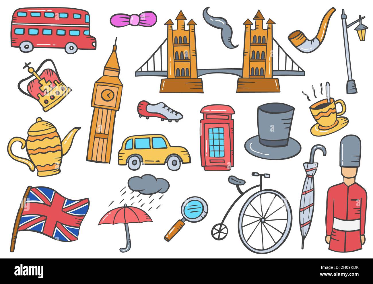 collection d'ensembles de doodle dessinées à la main, angleterre ou pays britannique, avec illustration vectorielle de style plat Banque D'Images