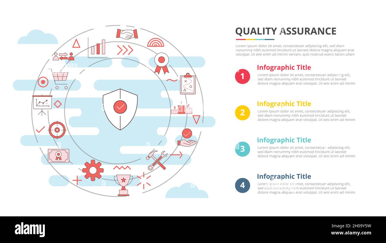 concept d'assurance qualité qa pour la bannière du modèle d'infographie avec illustration vectorielle des informations de la liste à quatre points Banque D'Images