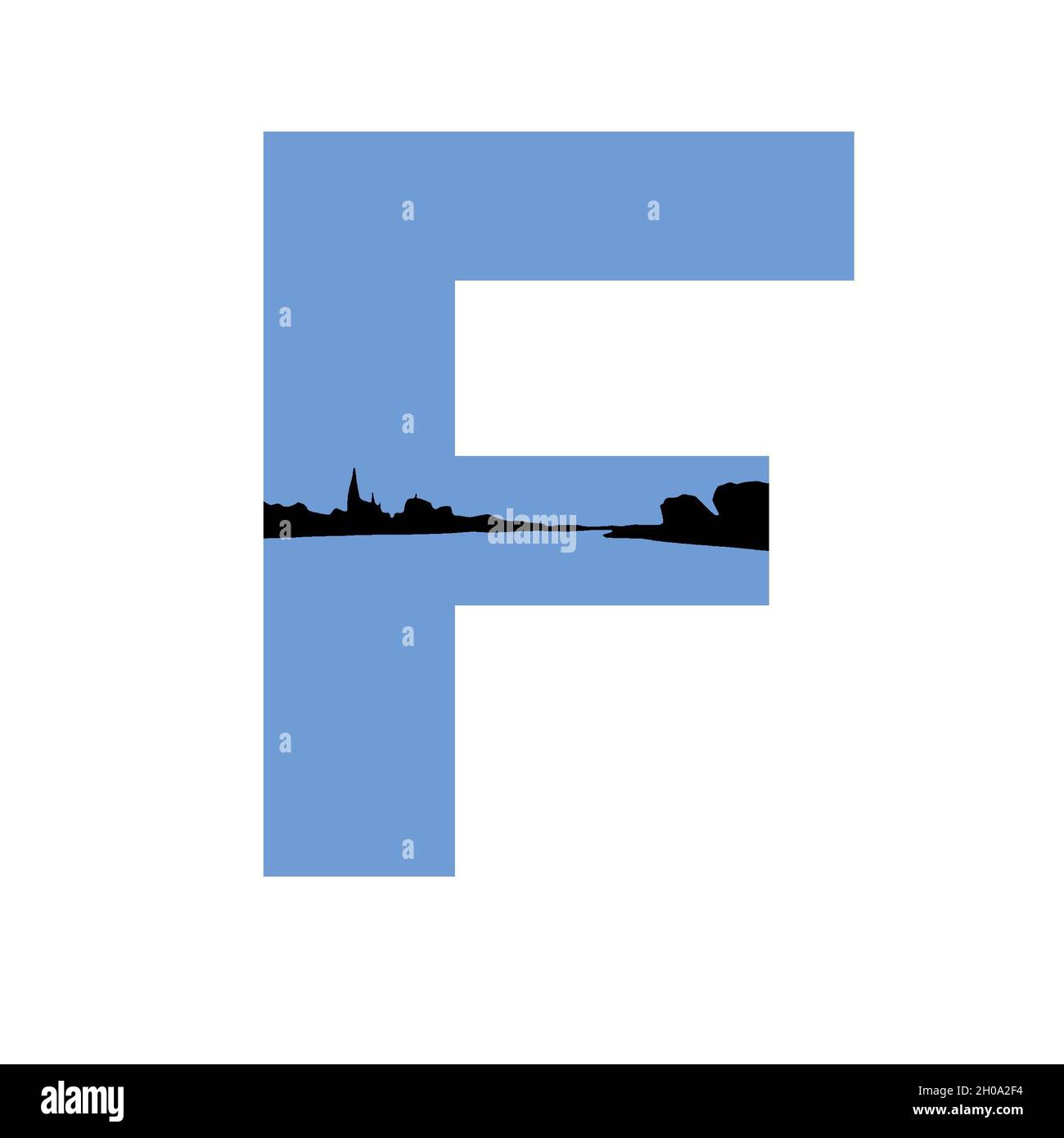 Lettre F de l'alphabet avec un fond bleu et une silhouette de village, isolée sur un fond blanc Banque D'Images