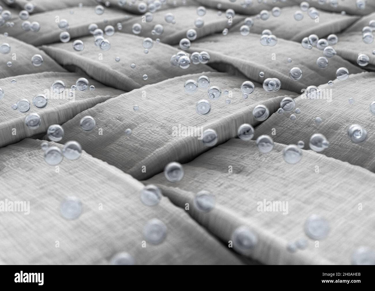 Vue microscopique d'un tissu textile tissé simple et de bulles d'eau flottant au-dessus de la surface - rendu 3D Banque D'Images