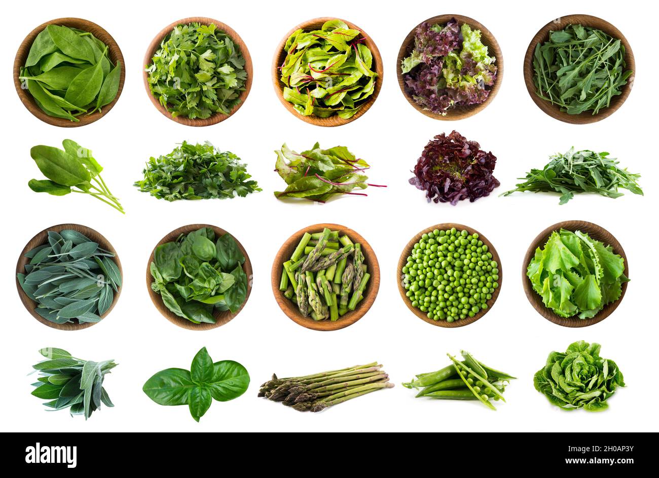 Légumes feuillus isolés sur blanc.Feuilles d'épinards, persil, doré jaune, laitue, arugula,sauge, basilic, asperges, pois verts, isolation.Légumes avec Banque D'Images