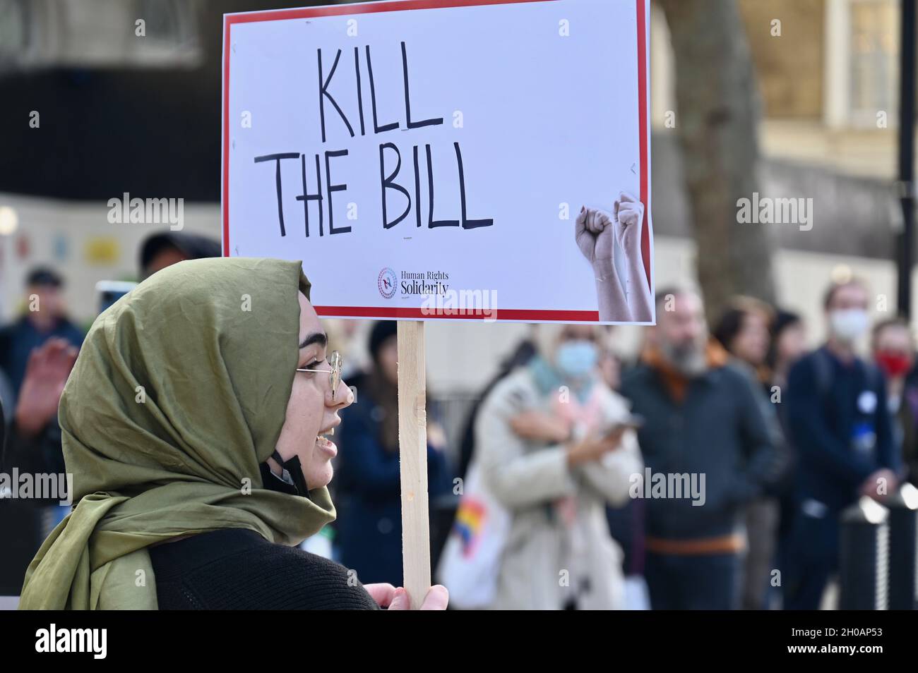 Tuez le rassemblement des manifestants de Bill contre la législation du gouvernement visant à limiter les manifestations perturbatrices, Downing Street, Whitehall, Londres.ROYAUME-UNI Banque D'Images