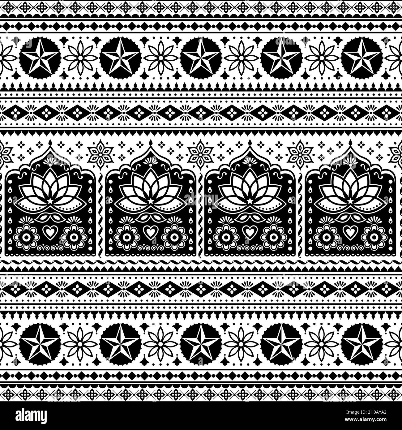 Indian Truck art floral folk sans couture motif, Pakistan Jingle Trucks vector design, ornement noir et blanc avec fleurs de lotus et SH abstrait Illustration de Vecteur
