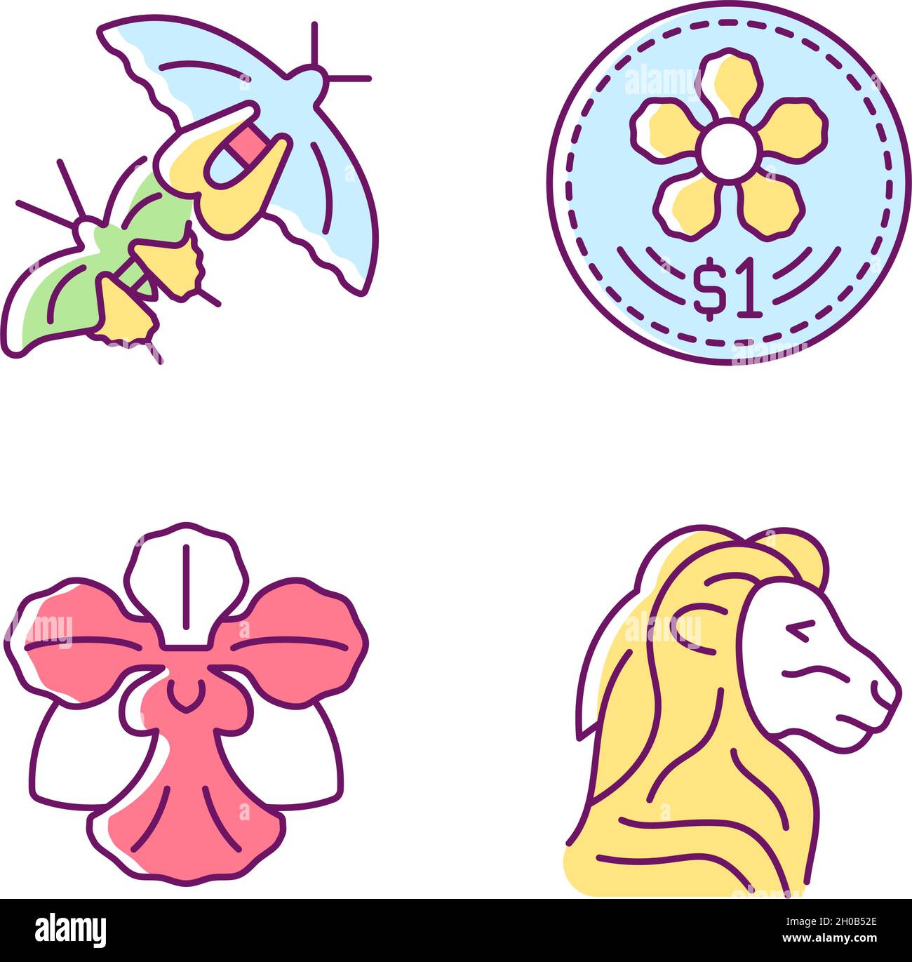 Jeu d'icônes de couleur RVB National Animal and Flower of Singapore Illustration de Vecteur