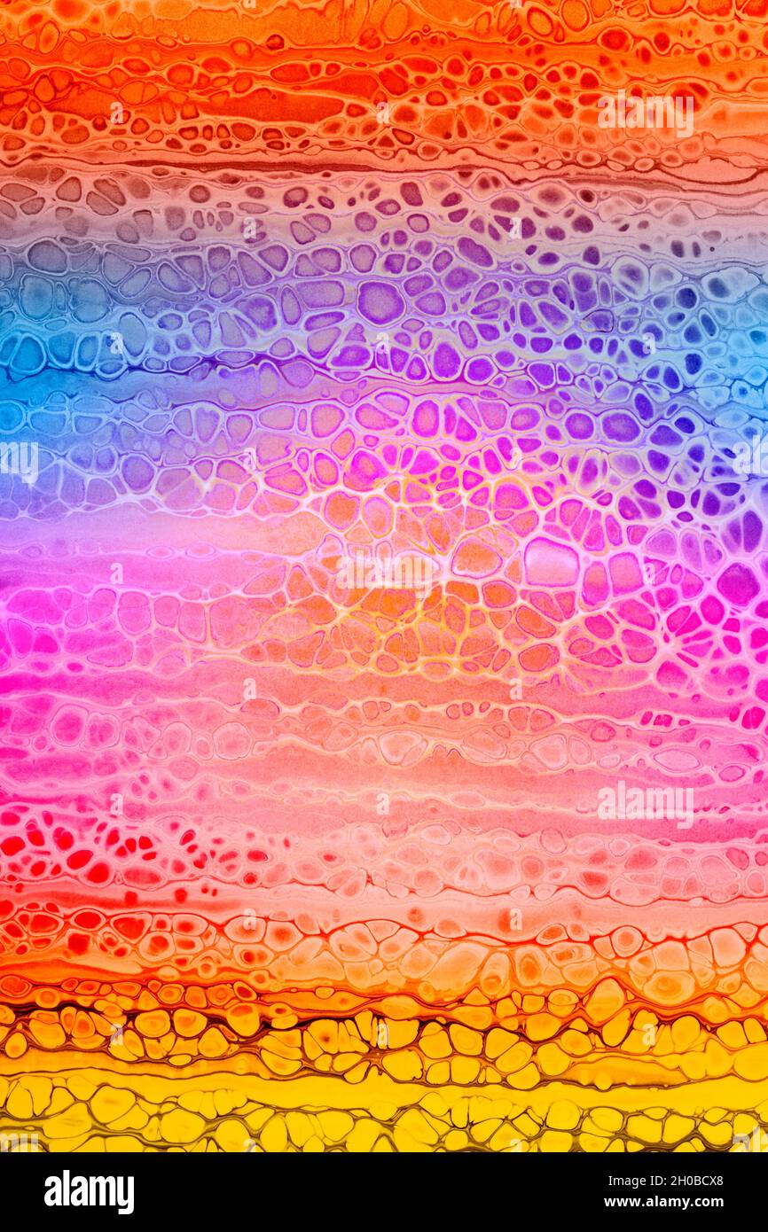 Peinture acrylique abstraite colorée en rouge, jaune et violet. Cellules à écoulement libre. Verser. Banque D'Images