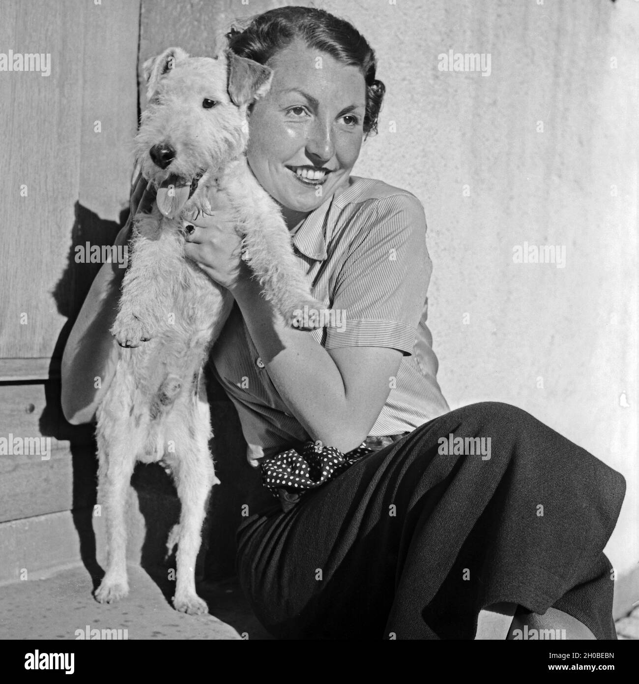 Eine junge Frau mit ihrem schmust Foxterrier, 1930er Jahre Deutschland. Une jeune femme câline avec son chiot fox terrier, Allemagne 1930. Banque D'Images