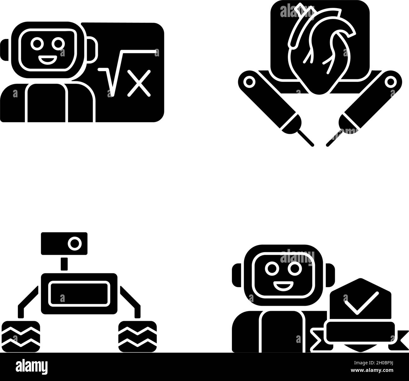 La technologie robotique affiche des icônes de glyphe noires dans un espace blanc Illustration de Vecteur