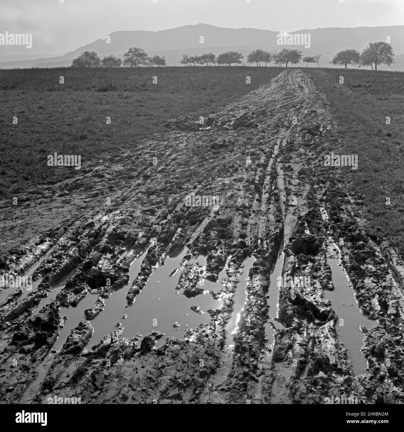 Spuren von regennassen Gespannen im Boden in der Eifel, Deutschland 1930 e Jahre. Les voies de calèches dans le sol humide de la région de l'Eifel, Allemagne 1930. Banque D'Images