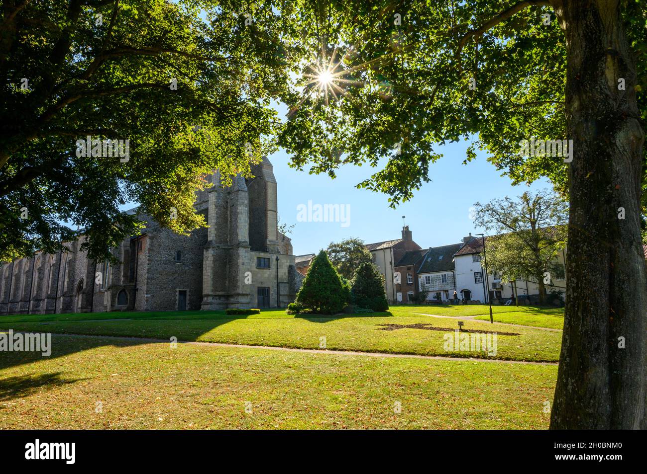 Le soleil brille à travers les feuilles d'arbres devant le vert de l'église Saint-Nicolas à North Walsham, Norfolk, Angleterre. Banque D'Images