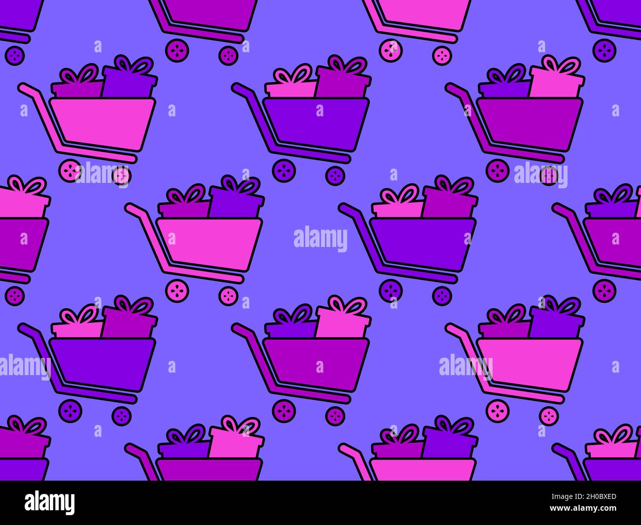 Chariot à provisions avec motif de cadeaux sans couture.Chariot avec cadeaux.Panier avec boîtes cadeaux.Conception pour papier d'emballage, matériel promotionnel, b Illustration de Vecteur