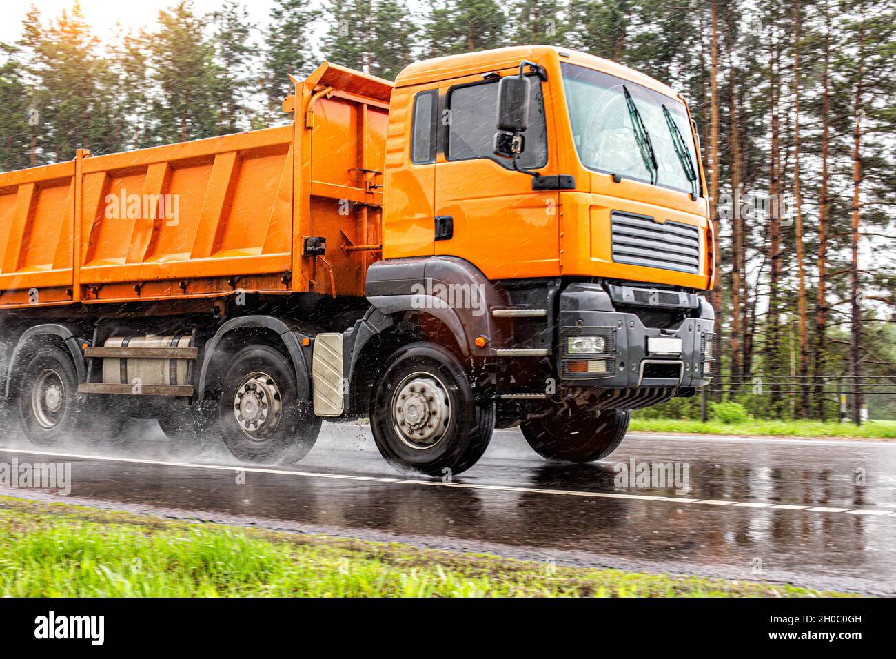 Un camion-benne orange à 4 essieux avec une charge de 40 tonnes roule sur  une route humide en été, en arrière-plan.Transport de marchandises en vrac  Photo Stock - Alamy