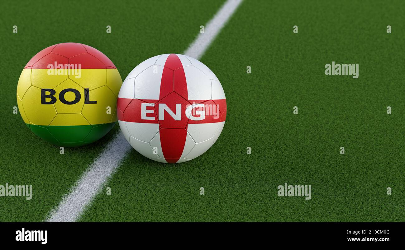 Match de football Angleterre contre Bolivie - balles en cuir dans les couleurs nationales de l'Angleterre et de la Bolivie.Rendu 3D Banque D'Images