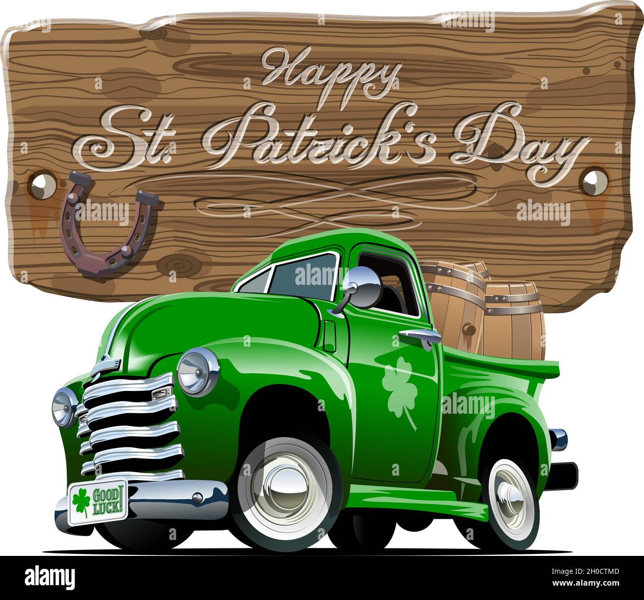 Camion de pick-up de dessin animé rétro Vector avec fûts de bière pour le joyeux motif de fête irlandaise de la Saint Patrick.Lettrage au festival de la bière sur panneau de bois.EP Illustration de Vecteur