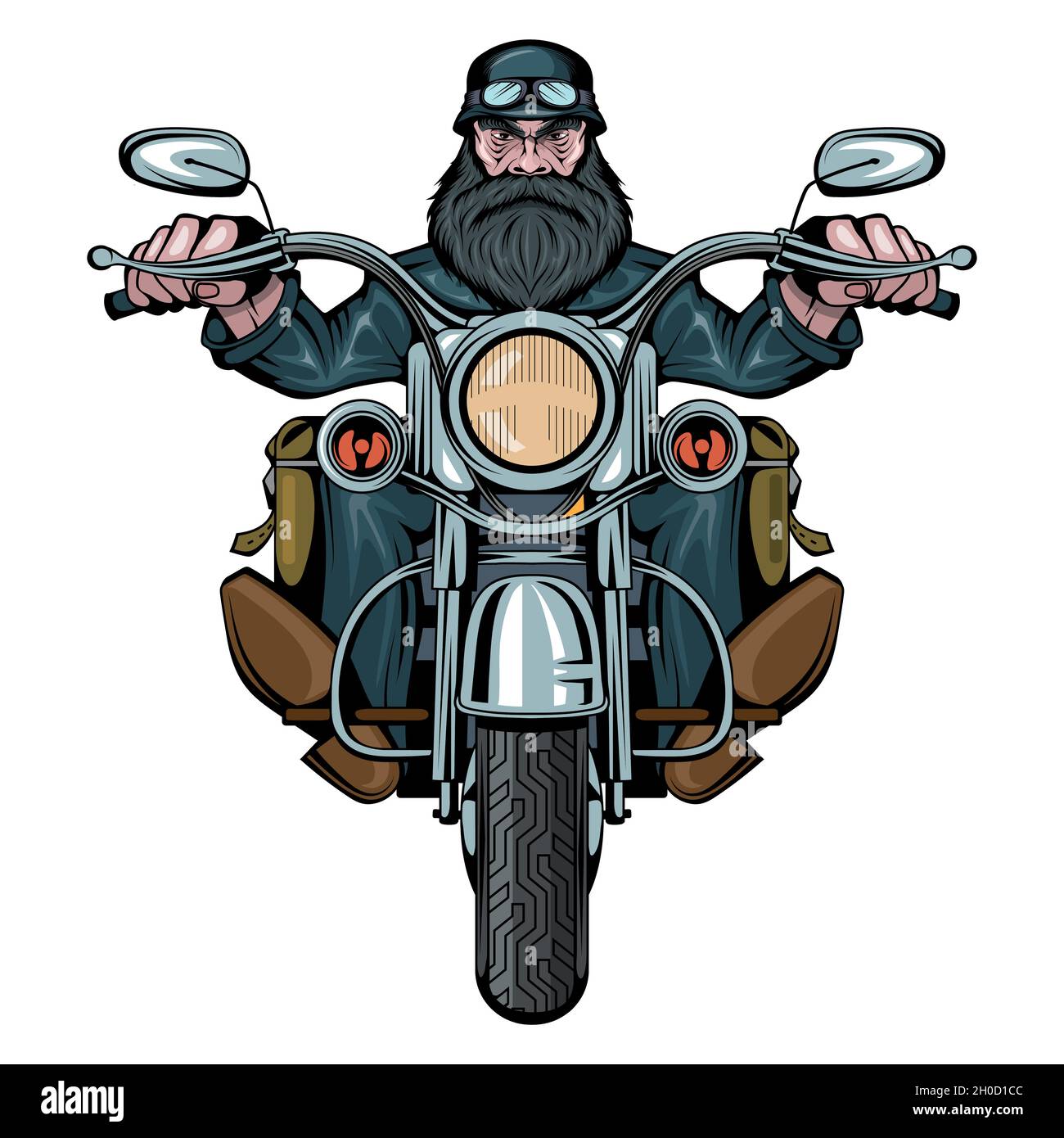 Biker Man est assis sur un vélo.Homme à moto.Homme de motard barbu.Tatouage.Fête des motards.Visage masculin avec la cicatrice.Personne malfaisance.Graphiques vectoriels à de Illustration de Vecteur