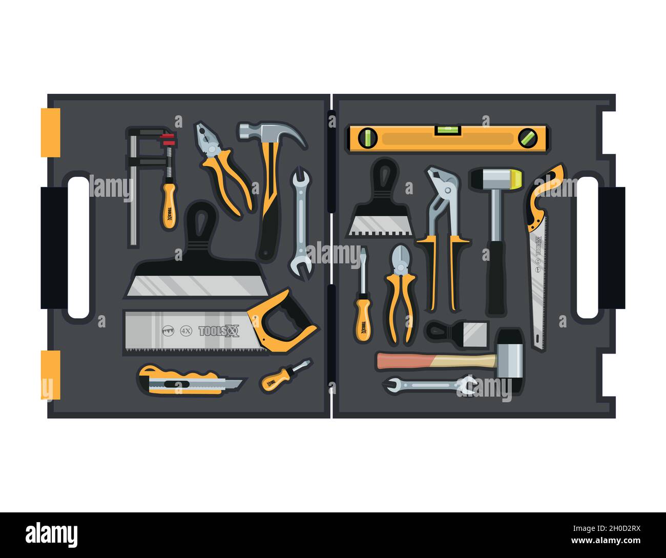 Boîte à outils avec outils à main à l'intérieur.Boîte de travail avec instruments.Outils de construction.Instruments de rénovation.Outils de travail.Graphiques vectoriels à concevoir. Illustration de Vecteur