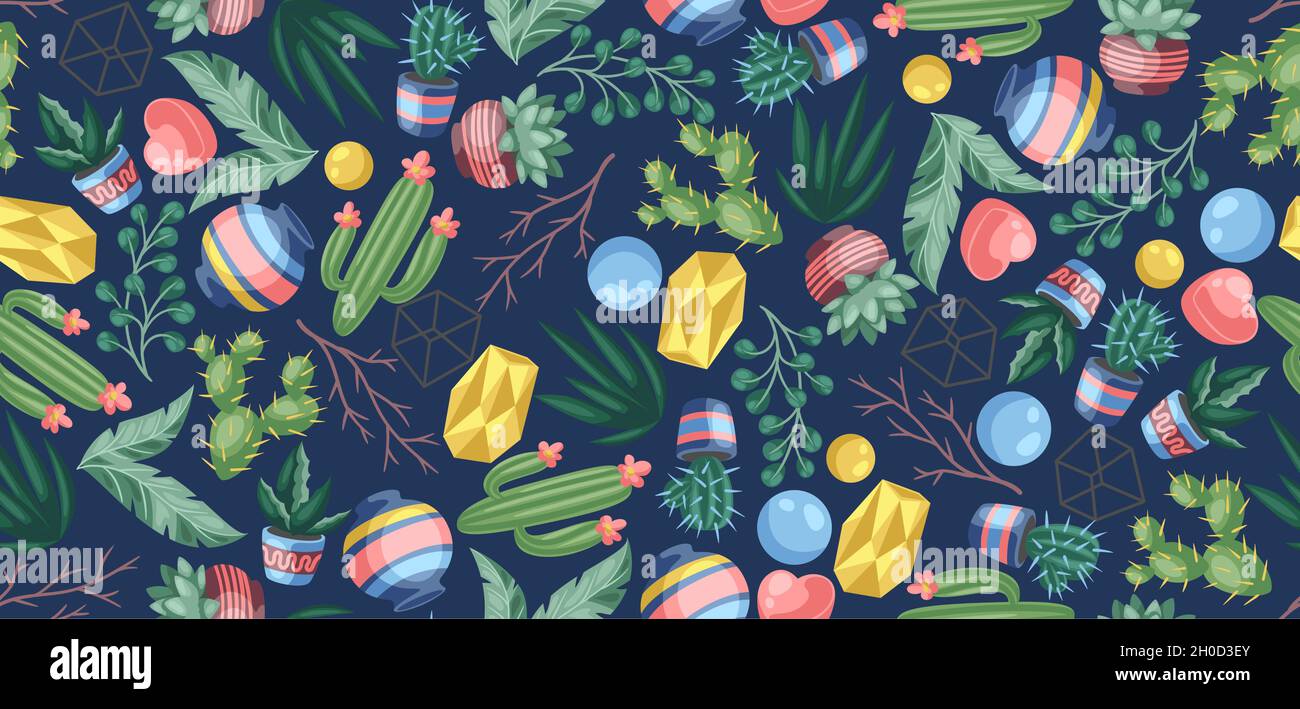 Motif sans couture avec cactus et succents. Cactus et plantes à fleurs pictueuses décoratives dans des pots de fleurs. Illustration de Vecteur