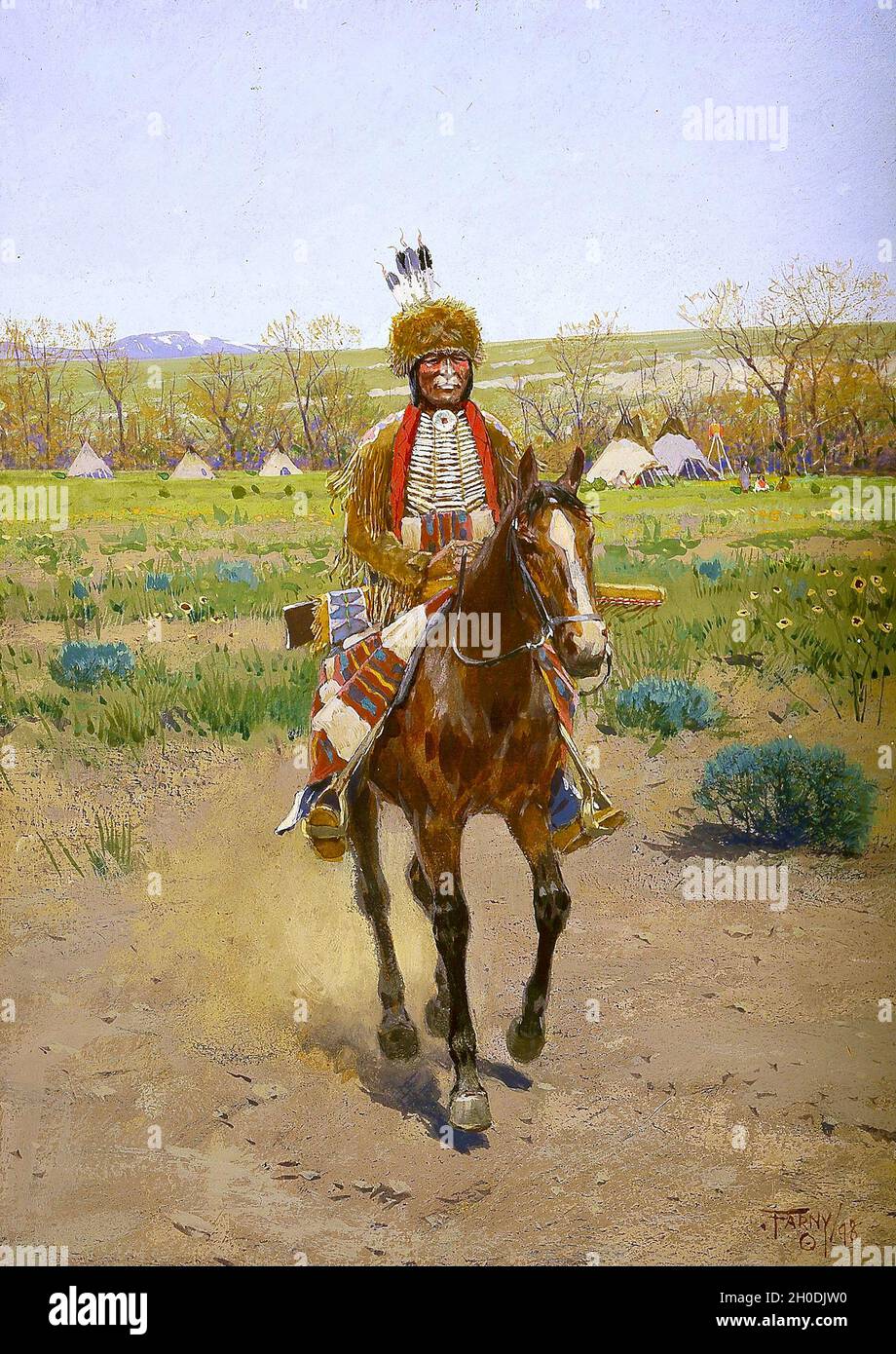Henry Farny œuvre intitulée Sioux Indian - Lone Sioux Horseman en robe traditionnelle avec village tipi en arrière-plan. Banque D'Images