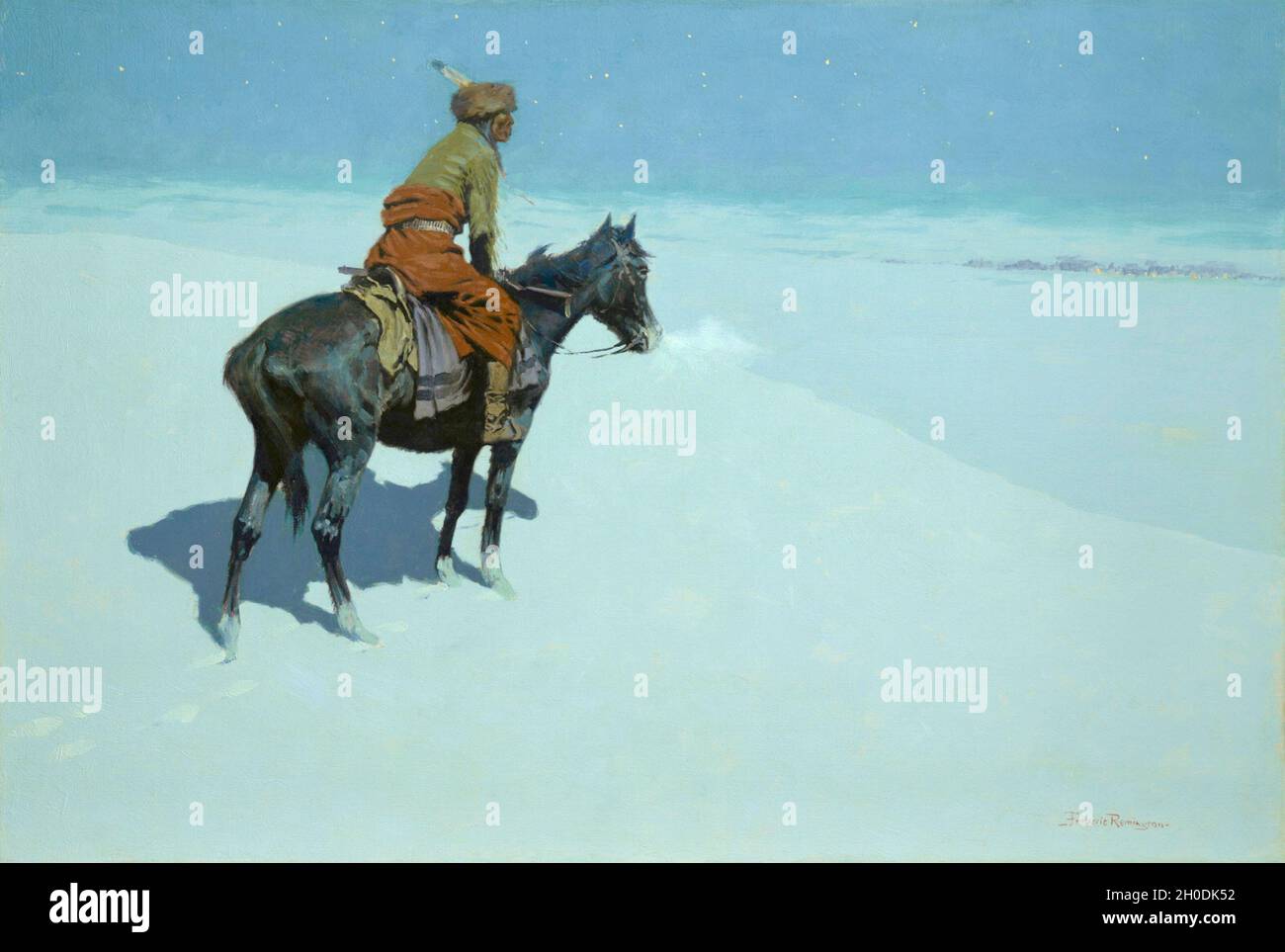 Frederic Remington art - les amis ou ennemis scouts - 1900-1905 - Un cavalier seul voit les cavaliers s'approchant au loin. Banque D'Images