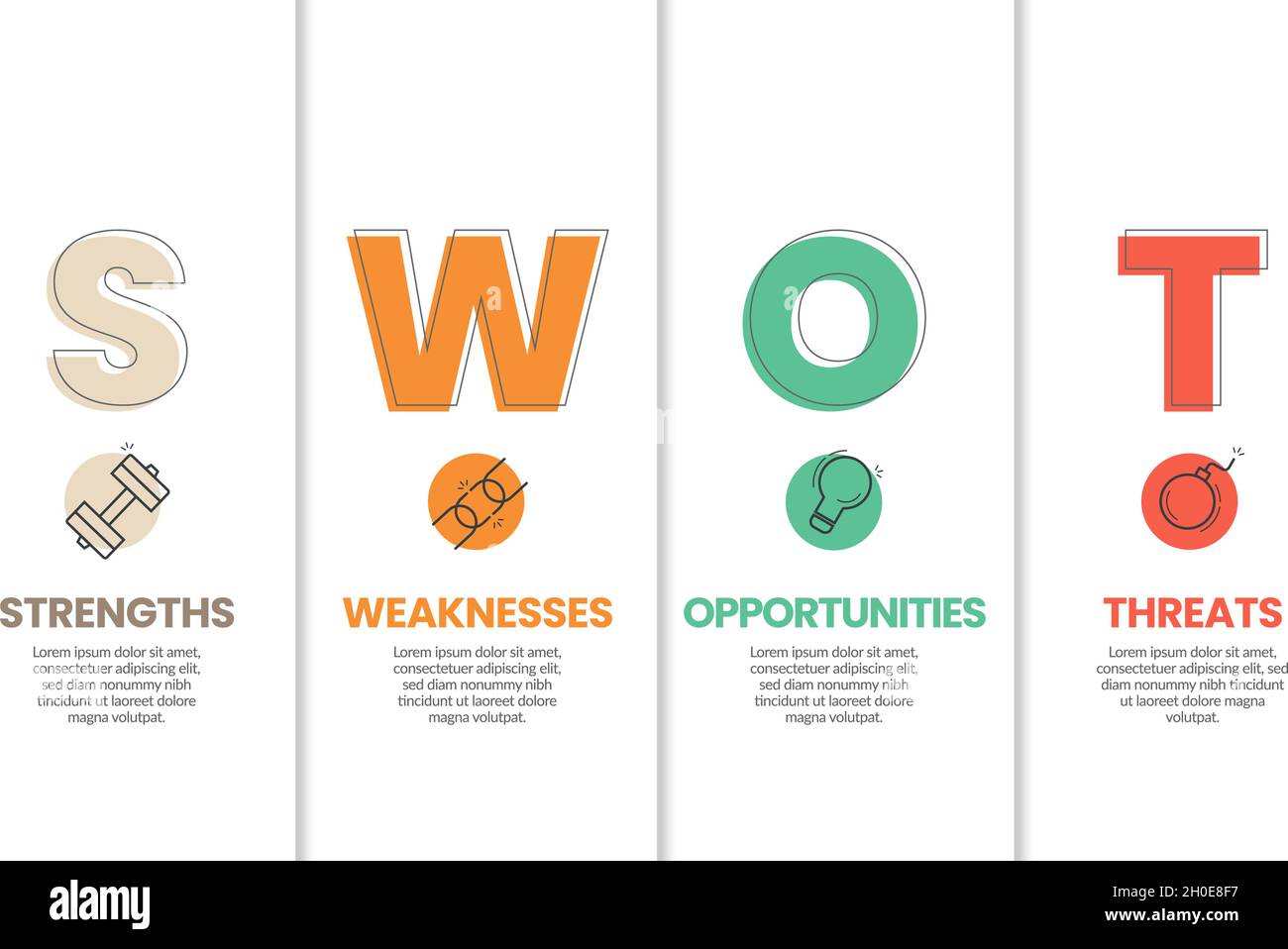 Le modèle d'analyse SWOT de type papier comporte quatre éléments pour la planification, les données et la gestion des activités. La disposition du modèle d'illustration avec beau moderne Illustration de Vecteur