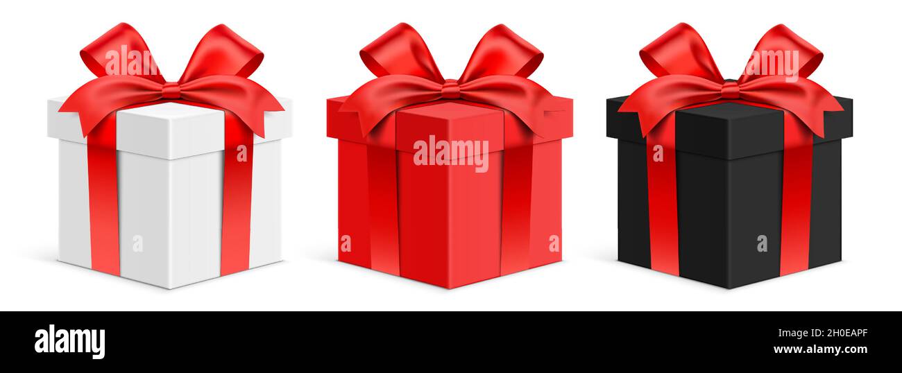 Ensemble vectoriel de boîtes-cadeaux blanches, rouges et noires avec rubans.Boîte-cadeau 3D réaliste, isolée sur fond blanc. Illustration de Vecteur