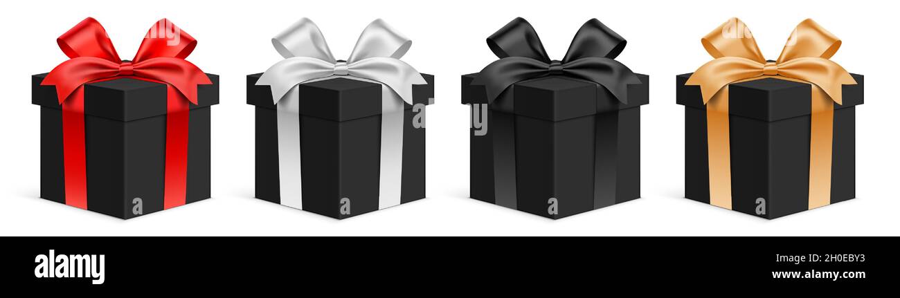 Ensemble vectoriel de boîtes-cadeaux noires avec rubans de couleur différente.Boîte-cadeau 3D réaliste de qualité supérieure, isolée sur fond blanc. Illustration de Vecteur