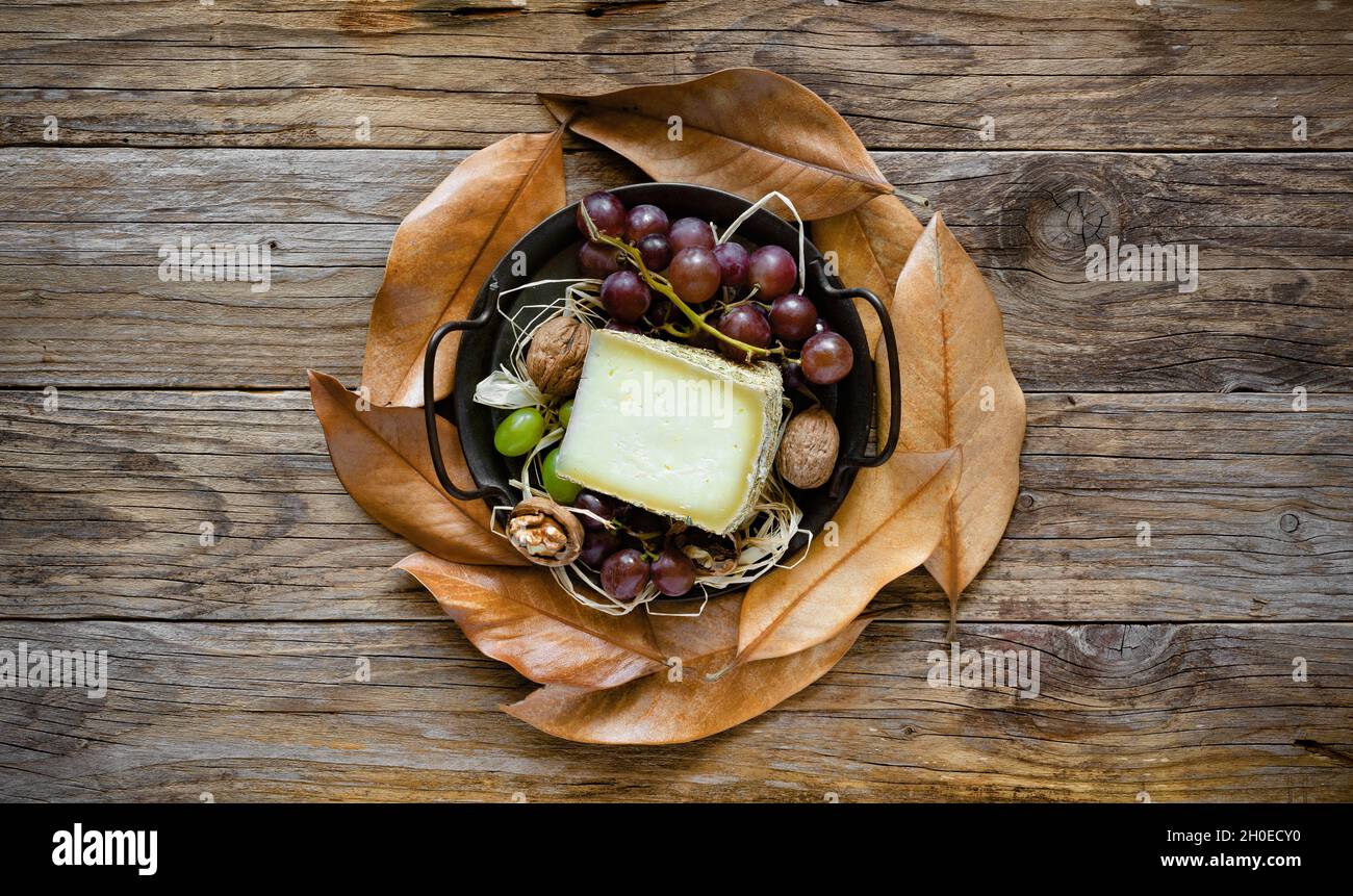 tranche de fromage pecorino avec du foin de montagne, sur fond automnal avec des raisins noirs Banque D'Images
