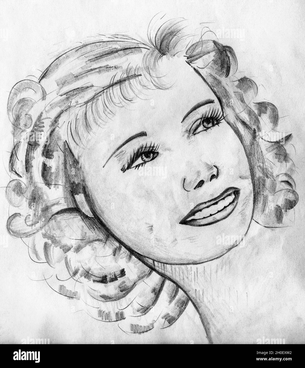 Représentation artistique d'une femme sophistiquée qui ressemble à une star de cinéma hollywoodienne des années 40.Dessin au crayon. Banque D'Images