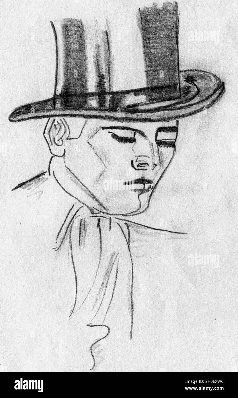 Représentation artistique d'un homme sophistiqué en tenue habillée avec un chapeau haut de gamme, qui ressemble à un homme d'affaires riche des années 30.Dessin au crayon. Banque D'Images