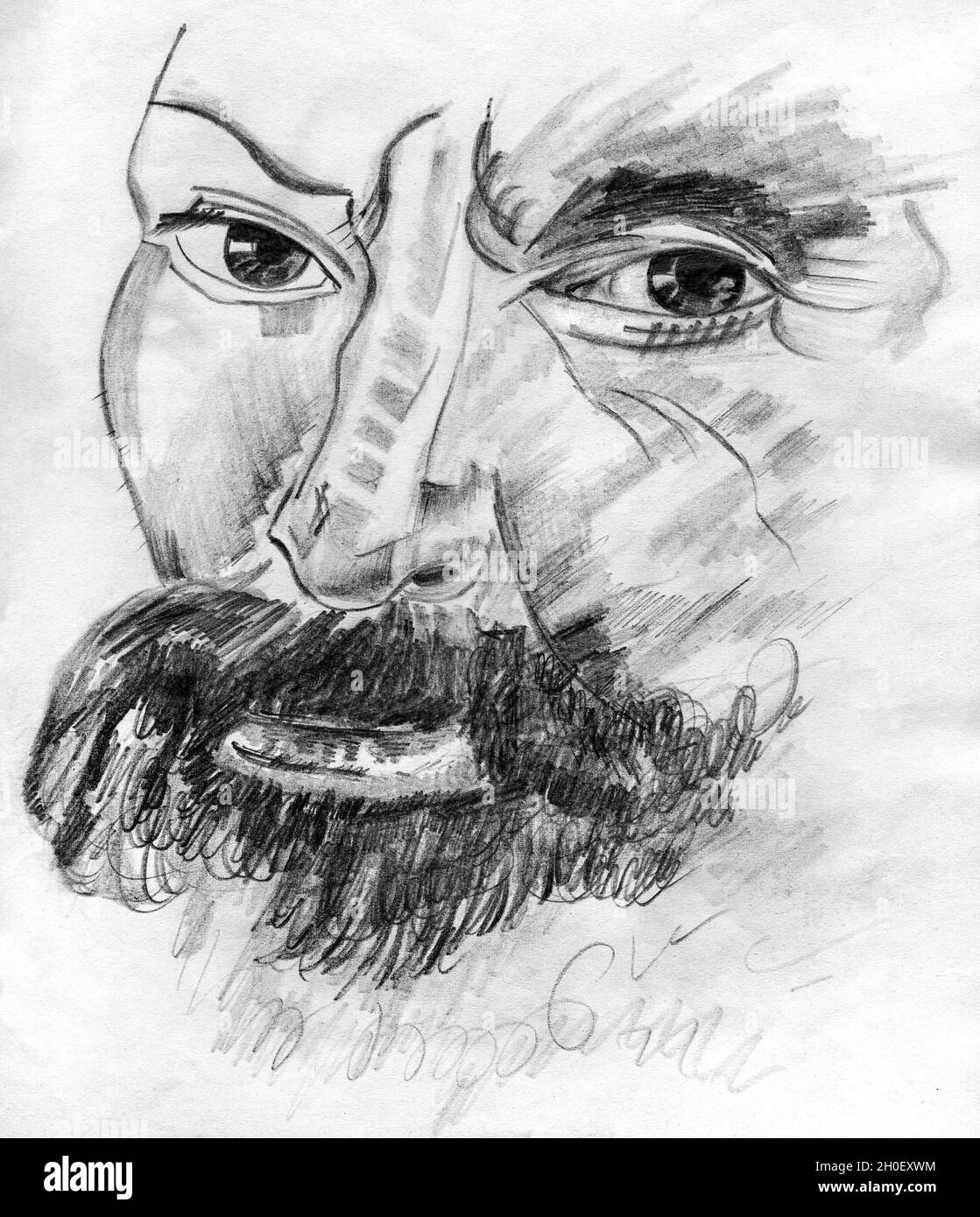 Représentation artistique de l'homme avec un visage fort et remarquable, ressemblant à l'artiste de la Renaissance Michel-Ange.Dessin au crayon. Banque D'Images