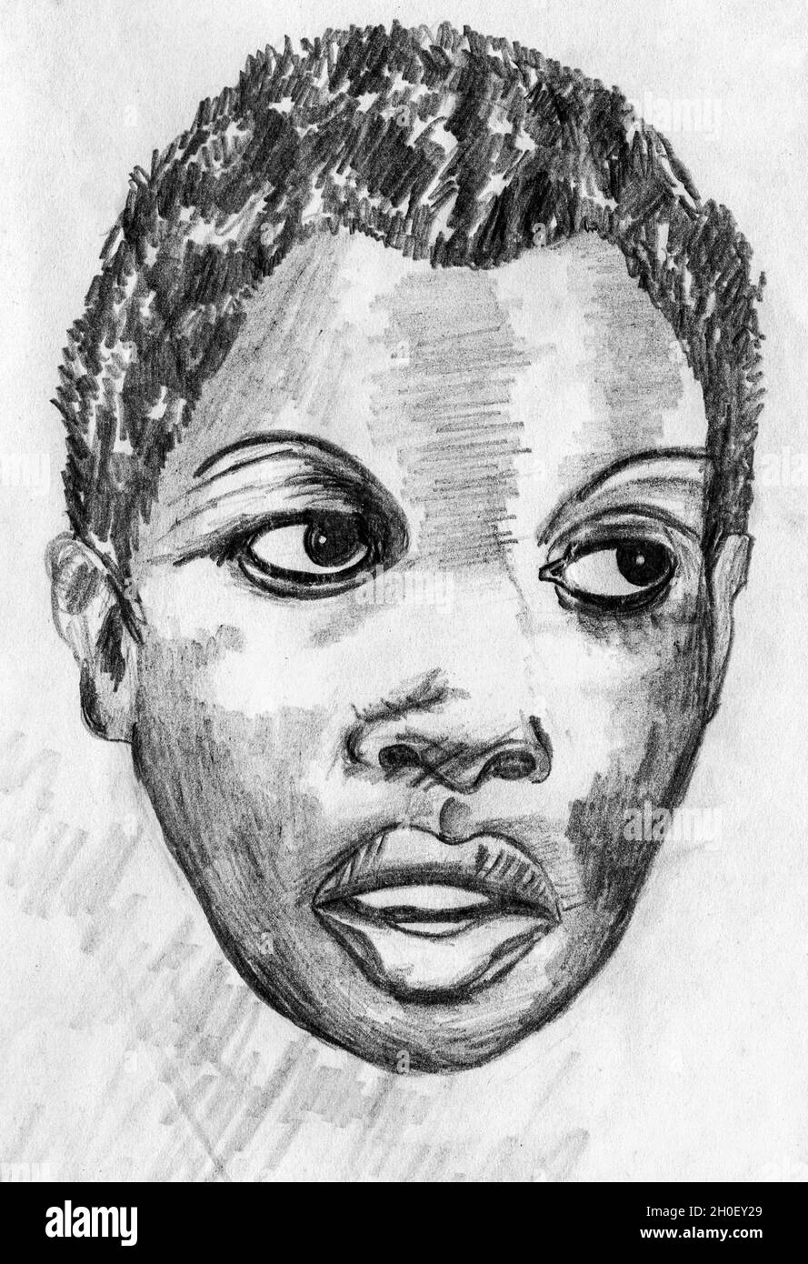 Illustration artistique d'un visage afro-américain remarquable et beau qui regarde de côté.Dessin au crayon. Banque D'Images