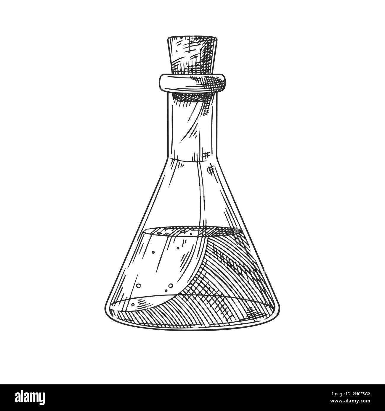 Esquisse d'un objet de laboratoire chimique.Flacons pharmaceutiques, béchers et tubes à essai.Symbole de découverte et de chimie. Illustration de Vecteur
