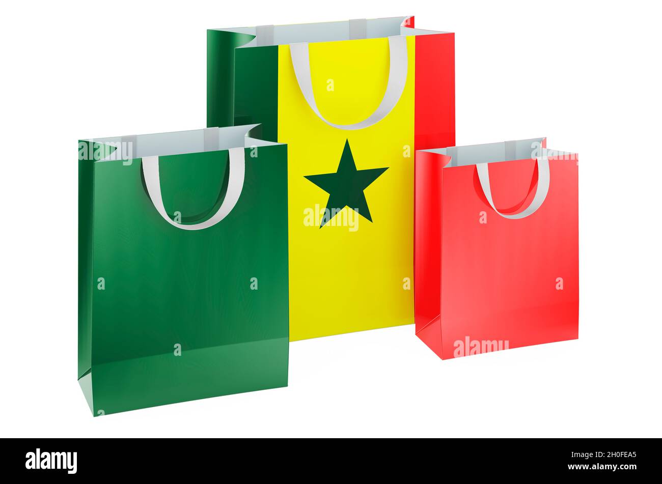 Sacs à provisions avec drapeau sénégalais.Shopping au Sénégal, concept.Rendu 3D isolé sur fond blanc Banque D'Images