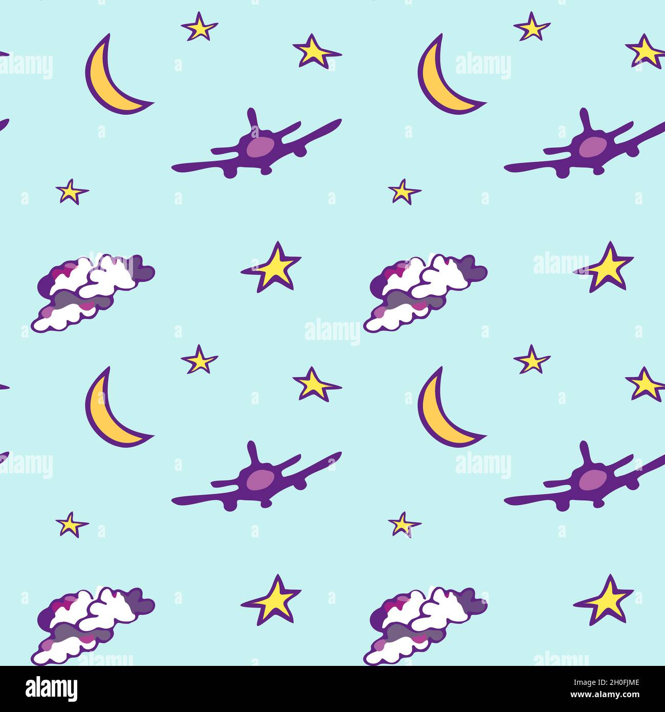 Motif sans couture avec lune, étoiles, avion et nuages.Arrière-plan Agua. Illustration de Vecteur