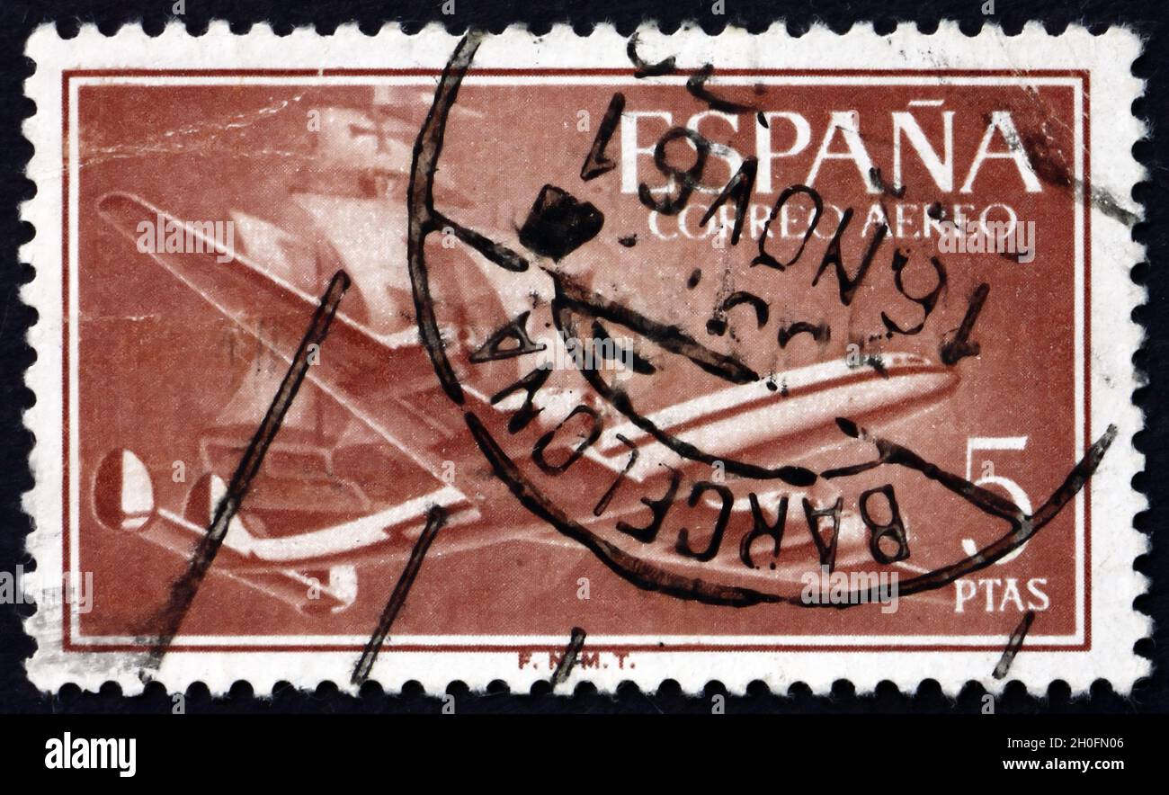 ESPAGNE - VERS 1956: Un timbre imprimé en Espagne montre avion et Caravel, vers 1956 Banque D'Images