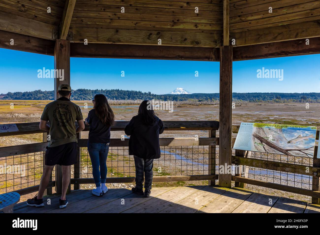 Promenade au-dessus de l'estuaire et des vasières inondées de Billy Frank Jr. Nisqually National Wildlife refuge, État de Washington, États-Unis [pas de modèle ou d'arti Banque D'Images