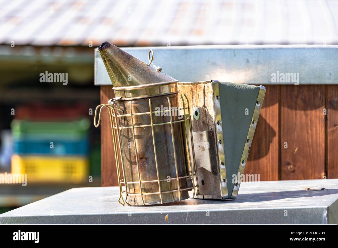 détail de l'équipement d'apiculture l'abeille fumeur avec de la fumée et un arrière-plan flou Banque D'Images