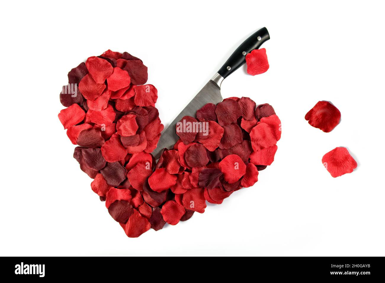 Pétales rouges en forme de coeur avec un couteau collé avec des pétales amples représentant des gouttes de sang, pris sur un fond blanc Uni Banque D'Images
