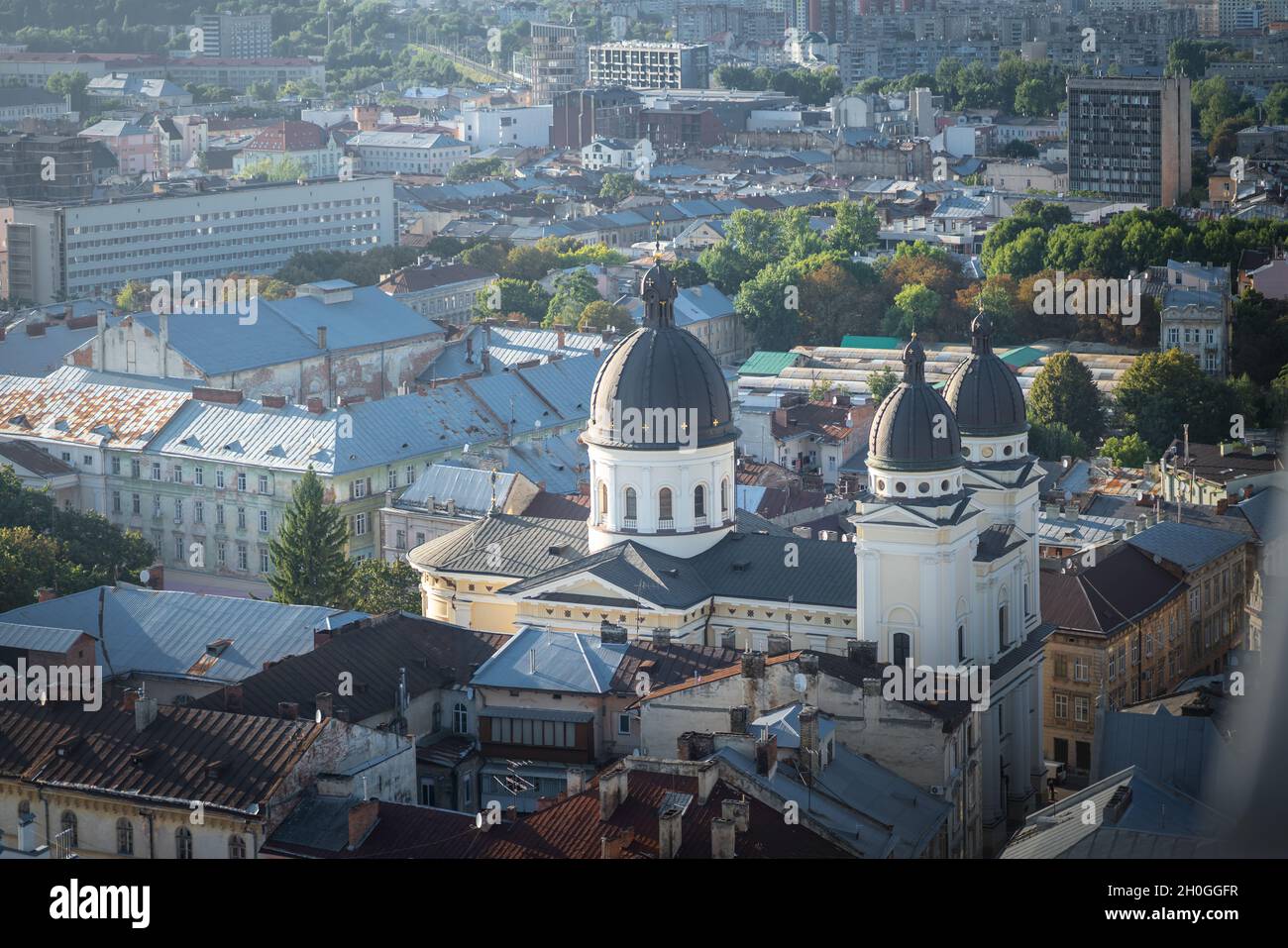 Vue aérienne de l'Église de Transfiguration (Église catholique grecque) - Lviv, Ukraine Banque D'Images